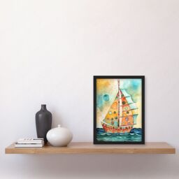Artery8 Sailboat Concept With Dorsal Fin Sail Folk Art Artwork Framed Wall Art Print A4 in Black - thumbnail 2