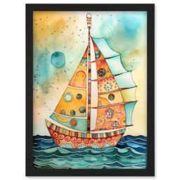 Artery8 Sailboat Concept With Dorsal Fin Sail Folk Art Artwork Framed Wall Art Print A4 in Black - thumbnail 1