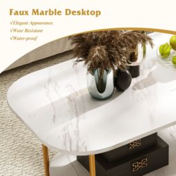Costway Faux Marble Top Coffee Table Office Modern 2-tier Tea Table-White in White - thumbnail 7
