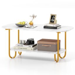 Costway Faux Marble Top Coffee Table Office Modern 2-tier Tea Table-White in White