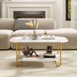 Costway Faux Marble Top Coffee Table Office Modern 2-tier Tea Table-White in White - thumbnail 5