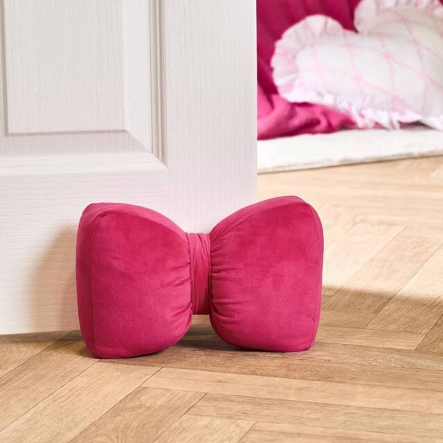 OHS Bow Shaped Weighted Matte Velvet Decorative Doorstop in Bright Pink - image 1