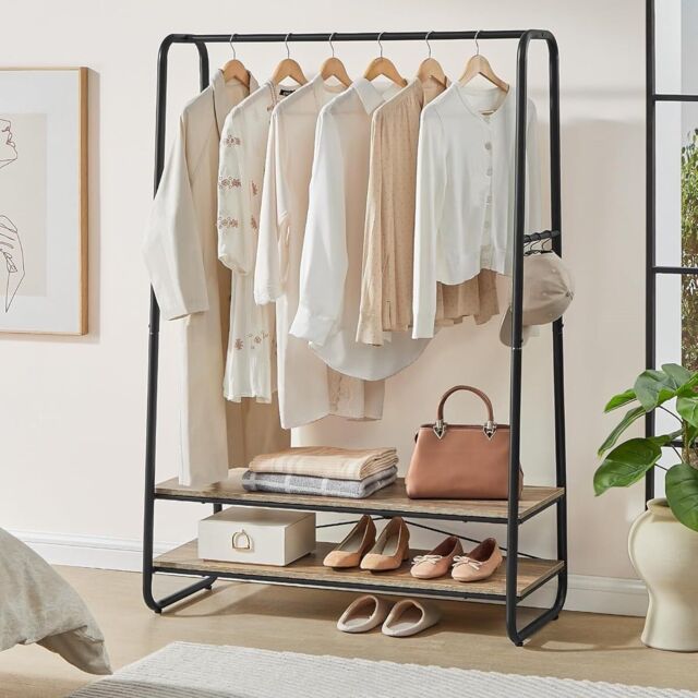 VASAGLE Heavy Duty Clothes Rail 2 Shelf Steel Frame 6 S Hooks in Camel - image 1