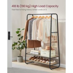VASAGLE Heavy Duty Clothes Rail 2 Shelf Steel Frame 6 S Hooks in Camel - thumbnail 3