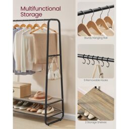 VASAGLE Heavy Duty Clothes Rail 2 Shelf Steel Frame 6 S Hooks in Camel - thumbnail 5