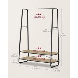 VASAGLE Heavy Duty Clothes Rail 2 Shelf Steel Frame 6 S Hooks in Camel - thumbnail 2