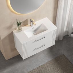 Balterley Wall Hung 2 Drawers Vanity Unit - Minimalist Basin 800mm, Satin White - thumbnail 3