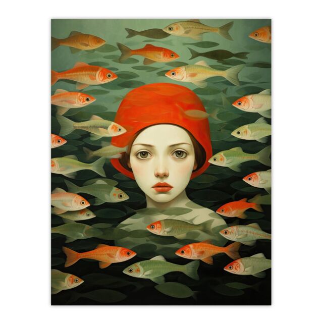 "Wee Blue Coo Wall Art Print Gone Fishing Goldfish Red Green Bathroom Living Room - Size: W24"" x H32""" - image 1