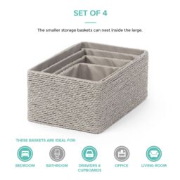 LIVIVO Paper Rope Woven Baskets Set of 4 Grey Stackable Storage Organiser Bins for Home Office Bathroom - thumbnail 5