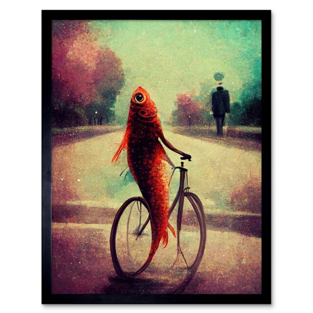 "Artery8 Wall Art Print Koi Fish With Bicycle Surrealism Purple Teal Park Dream Art Framed in Black - Size: W12"" x H16""" - image 1