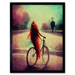 "Artery8 Wall Art Print Koi Fish With Bicycle Surrealism Purple Teal Park Dream Art Framed in Black - Size: W12"" x H16""" - thumbnail 1