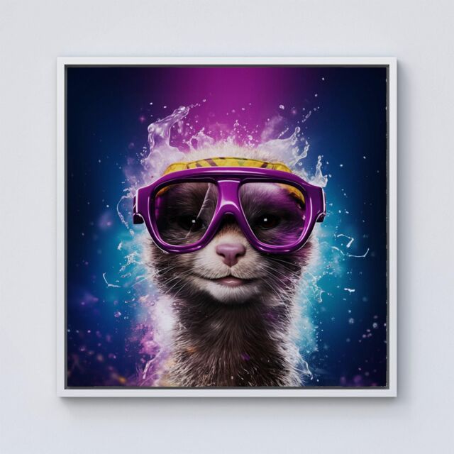 Warren Reed - Designer Splashart Ferret With Glasses Purple Framed Canvas in Off-White - Size: w40 inch x h40 inch - image 1