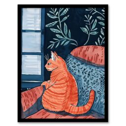 Artery8 Moggie Cat Lover Alone Time Melancholy Painting Framed Wall Art in Orange - Size: A4 - thumbnail 1