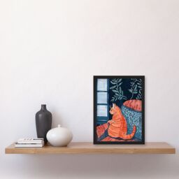 Artery8 Moggie Cat Lover Alone Time Melancholy Painting Framed Wall Art in Orange - Size: A4 - thumbnail 4