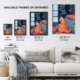 Artery8 Moggie Cat Lover Alone Time Melancholy Painting Framed Wall Art in Orange - Size: A4 - thumbnail 3