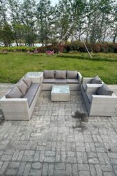 Fimous Light Grey Corner Rattan Garden Outdoor Sofa Set Chairs Sofa Side Table 8 Seater - thumbnail 1