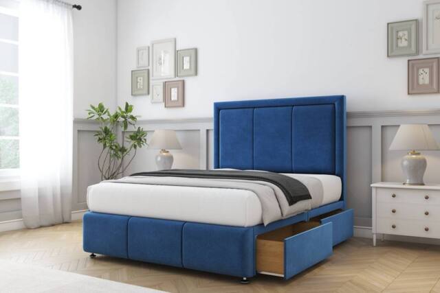 "Comfort Beds Savoy Plush Divan Base 4 Drawers - 54"" Headboard-Footboard in Navy - Size: Super King" - image 1