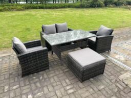 Fimous 5 Seater Outdoor Dark Grey High Back Rattan Sofa Dining Table Set Love Seat Garden Furniture Big Footstool - thumbnail 3