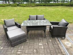Fimous 5 Seater Outdoor Dark Grey High Back Rattan Sofa Dining Table Set Love Seat Garden Furniture Big Footstool - thumbnail 1