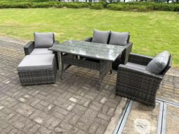 Fimous 5 Seater Outdoor Dark Grey High Back Rattan Sofa Dining Table Set Love Seat Garden Furniture Big Footstool - thumbnail 2
