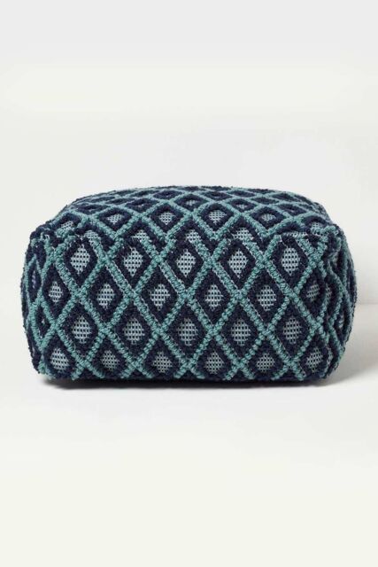 Homescapes Tula Handwoven Textured Pouffe Bean Cube in Navy - image 1