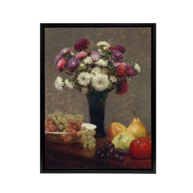 "Artery8 Asters & Fruit on a Table Latour Black Framed Canvas Wall Art Print - Size: W12"" x H16""" - image 1
