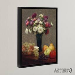"Artery8 Asters & Fruit on a Table Latour Black Framed Canvas Wall Art Print - Size: W12"" x H16""" - thumbnail 2
