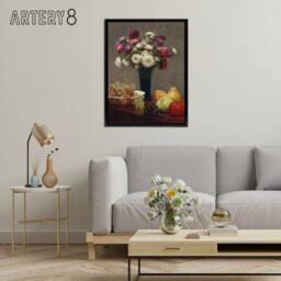 "Artery8 Asters & Fruit on a Table Latour Black Framed Canvas Wall Art Print - Size: W12"" x H16""" - thumbnail 3