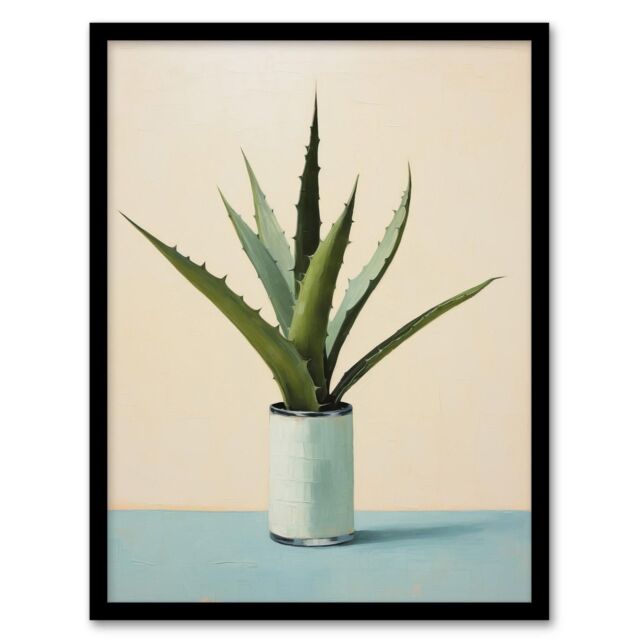Wee Blue Coo Wall Art Print Potted Aloe Vera Oil Painting Pastel Colour Pink Blue Green Succulent Cactus Art Framed - Size: A4 - image 1