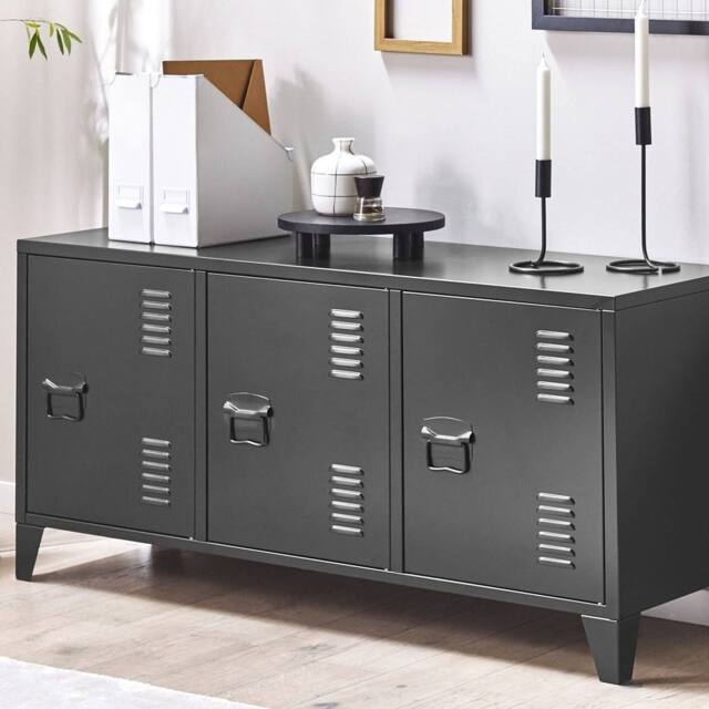 Wyld and Coco Black Steel Three Door Sideboard Adjustable Shelves Cable - image 1