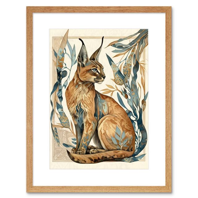 "Artery8 Wall Art Print Caracal Cat with Teal Plants Modern Art Nouveau Watercolour Artwork Framed 9X7 Inch in Beige - Size: W7"" x H9""" - image 1