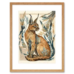 "Artery8 Wall Art Print Caracal Cat with Teal Plants Modern Art Nouveau Watercolour Artwork Framed 9X7 Inch in Beige - Size: W7"" x H9""" - thumbnail 1