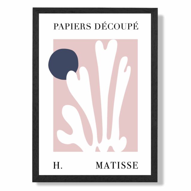 ARTZE Matisse Floral Cutout Pink & Blue Framed Print SIZE: A2 with Black Frame in Navy - Size: A4 - image 1