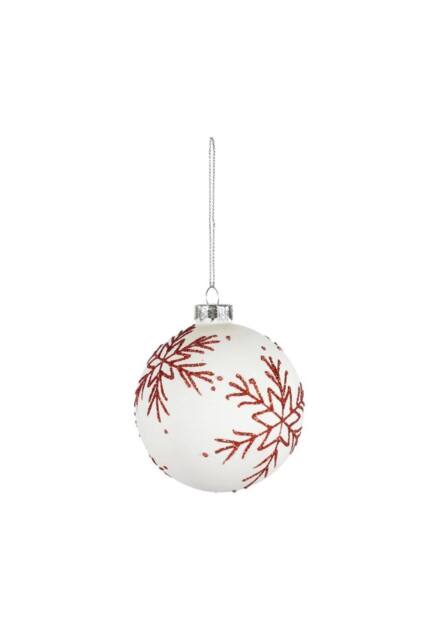 KDMD White Glass Bauble with Red Glitter Snowflake Dia8cm 3 Pack - image 1