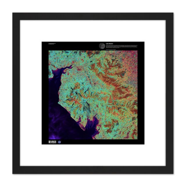 Artery8 Science Map Satellite Lake District Cumbria UK Reproduction 8X8 Inch Square Wooden Framed Wall Art Print Picture with Mount in Black - image 1