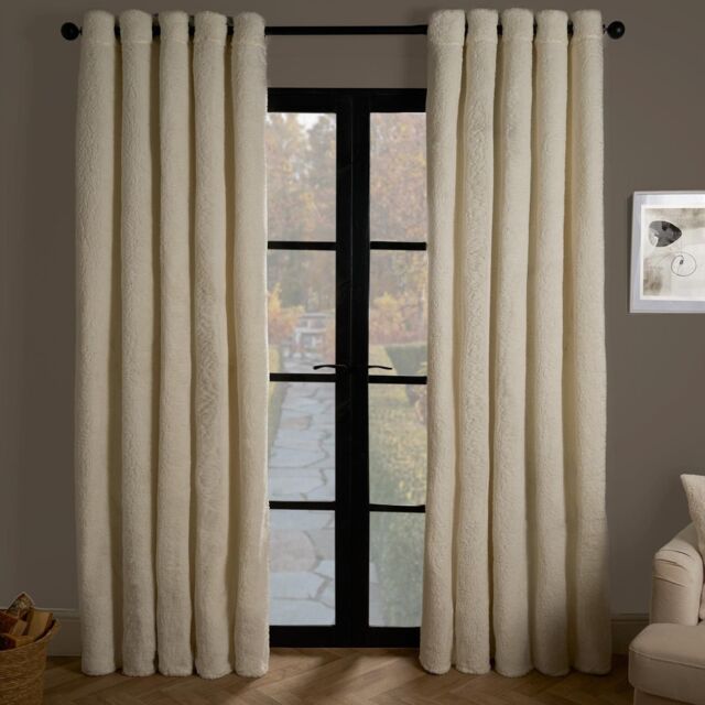 OHS Teddy Fleece Eyelet Curtains Thermal Pair Ready Made Soft Thick Fabric Ring Top in Cream - Size: 168 cm width x 229 cm drop - image 1