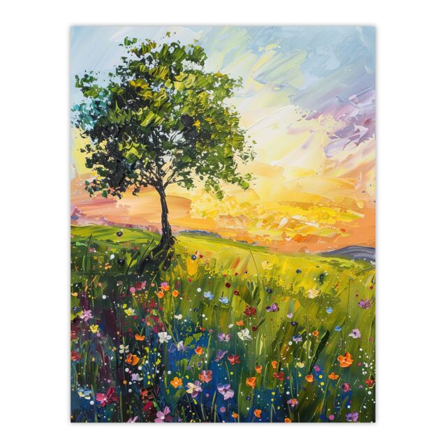 "Artery8 Tree Wildflower Meadow at Sunrise Oil Painting Wall Art Print in Green - Size: W24"" x H32""" - image 1