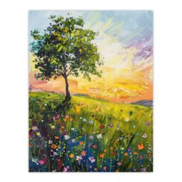 "Artery8 Tree Wildflower Meadow at Sunrise Oil Painting Wall Art Print in Green - Size: W24"" x H32""" - thumbnail 1