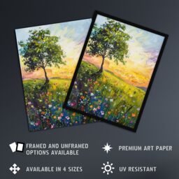 "Artery8 Tree Wildflower Meadow at Sunrise Oil Painting Wall Art Print in Green - Size: W24"" x H32""" - thumbnail 2