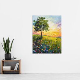 "Artery8 Tree Wildflower Meadow at Sunrise Oil Painting Wall Art Print in Green - Size: W24"" x H32""" - thumbnail 4