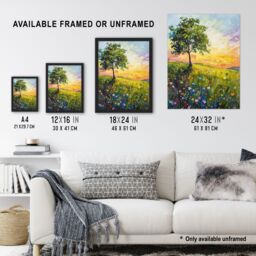 "Artery8 Tree Wildflower Meadow at Sunrise Oil Painting Wall Art Print in Green - Size: W24"" x H32""" - thumbnail 3