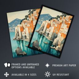 Artery8 Amalfi Coast Artwork Blue Orange Green Coastal Village Italy Landscape Large Wall Unframed Art Poster Print Thick Paper 18X24 Inch - thumbnail 2