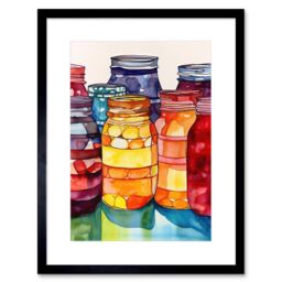 "Artery8 Wall Art Print Coloured Glass Canning Jars Still Life Watercolour Painting Artwork Framed 9X7 Inch in Black - Size: W7"" x H9""" - thumbnail 1