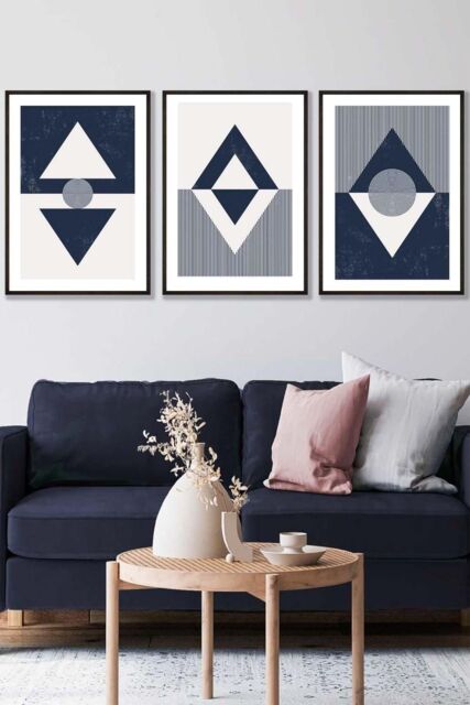 ARTZE Set of 3 Black Framed Mid Century Geometric Navy Blue Diamonds Wall Art - Size: W33 cm x H45 cm x D20mm - image 1