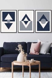 ARTZE Set of 3 Black Framed Mid Century Geometric Navy Blue Diamonds Wall Art - Size: W33 cm x H45 cm x D20mm - thumbnail 1