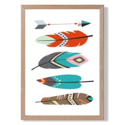 ARTZE Tribal Feathers Framed Print SIZE: A3 with Oak Frame in Bright Blue - Size: A4 - thumbnail 1