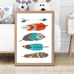 ARTZE Tribal Feathers Framed Print SIZE: A3 with Oak Frame in Bright Blue - Size: A4 - thumbnail 2