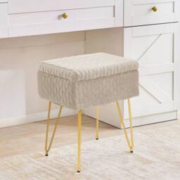 KORVIXA Beige Velvet Storage Ottoman Stool Gold Hairpin Legs Vanity Stool - Size: 100 cm x 100 cm - thumbnail 3