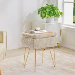 KORVIXA Beige Velvet Storage Ottoman Stool Gold Hairpin Legs Vanity Stool - Size: 100 cm x 100 cm - thumbnail 4