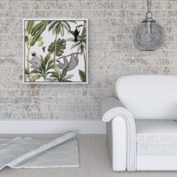 "Warren Reed - Designer Tropical Sloths Framed Canvas in Off-White - Size: W16"" x H16""" - thumbnail 2